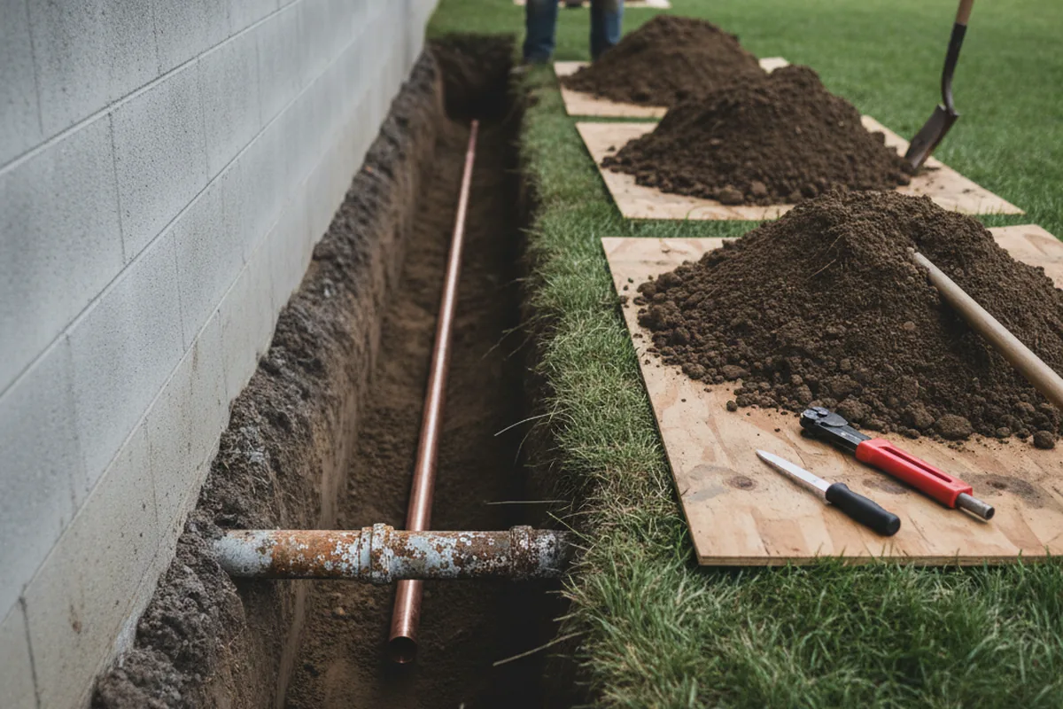 Excavated water line trench during Water Heater Repair in Nice